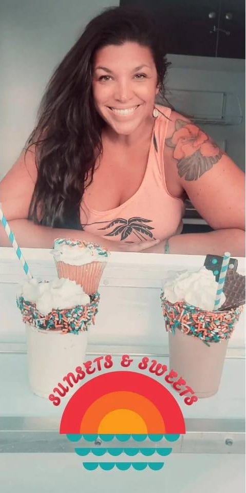 Woman with milkshakes and cupcake, Sunsets & Sweets logo